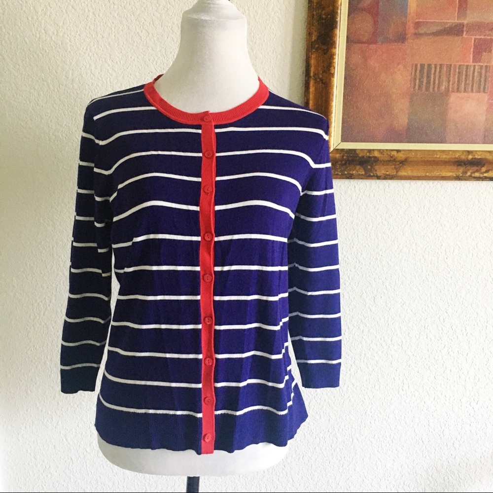 August Silk • Navy White Striped Red Trim Nautical Cardigan Sweater